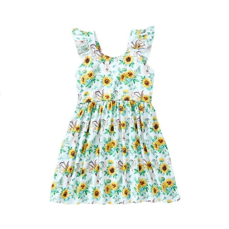 

Odeerbi Girls Dress Baby Girls Clothes Toddler Cute Summer Sunflower Print Multicolor Flying Sleeves Dress White