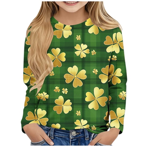 Blusas y camisas de manga larga con cuello redondo y estampado de San Patricio para niños, blusa informal de manga larga con cuello redondo, blusa de poliéster para niñas