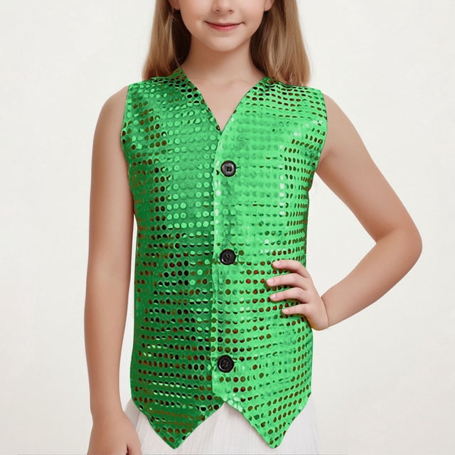 LOVZFMLL Vestes pour Filles Tenue de Performance pour Enfants T-shirt à Paillettes Manches Courtes Col Rond Élastique 11-12 Ans