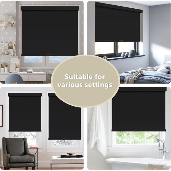 Cordless Blackout Roller Shades Blinds for Windows Free-Stop,Pull Down Room Darkening with Valance,Thermal Insulated Woven Fabric Window Door Blinds for Home,Office,Black 34" W x 72" H