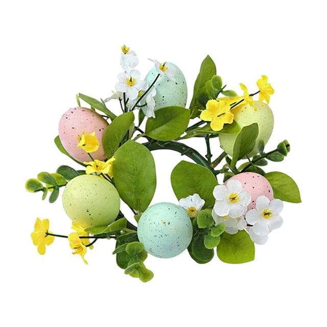 SLYNSHome Easter Egg Candle Rings Spring Flower Wreaths Artificial Eucalyptus Candle Holder Mini Wreaths for Easter Holiday Home Kitchen Table Centerpiece