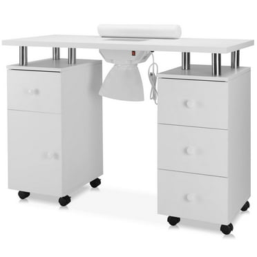 Ktaxon Nail Desk Manicure Table Storage Station with 4 Drawers, Lockable Wheels, White