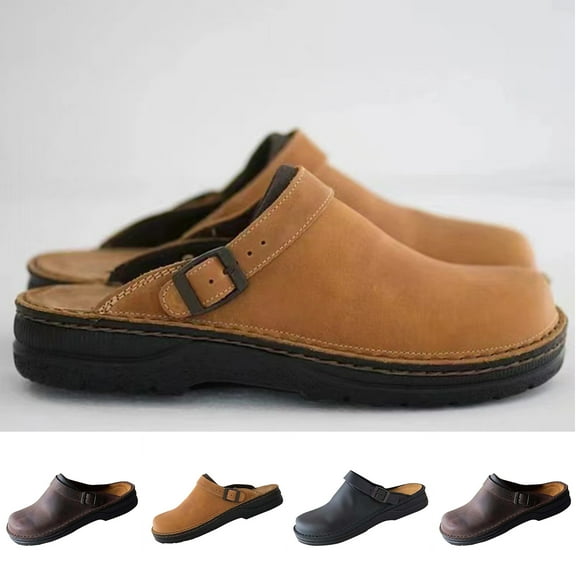 Xfvqtps Mens Mule Clogs Slippers Slip on Close Toe Buckle Strap Thick Sole Leather Casual Sandals for Beach Fishing Brown