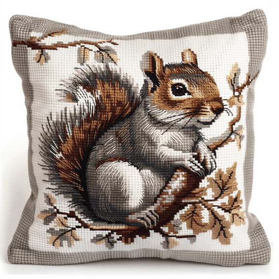 Squirrel Cross Stitch Pillow Kit DIY 11 Count Cross Stitch Pillowcases Kits 45X45cm DIY Needlepoint Handmade Embroidery Kit Home Decoration for Bedroom Sofa