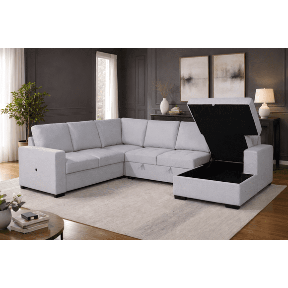 Canapé d'angle K-Living en lin gris avec port USB