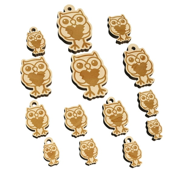 Owl Holding Heart Wood Mini Charms Shapes DIY Craft Jewelry - With Hole - Various Sizes (16pcs)