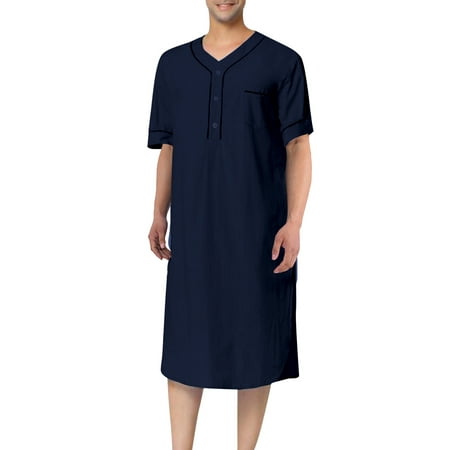 

Diconna Men Loose Nightgown Solid Color Henley Short Sleeve Nightshirt Kaftan Arabic Thobe with Pockets Sleepwear