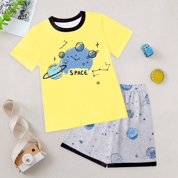 Leey-World Baby Boy Summer Clothes Letter Print Rib Knit T-Shirt Tee Tops Solid Casual Shorts Set Infant Summer Outfits Boys Outfit Sets Summer(Yellow,5-6 Years)