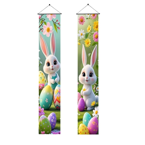 AURIGATE Easter Porch Door Banner 11.81x70.87in, Single Piece Polyester Easter Door Couplet with Bunny & Colorful Egg Design, Spring Easter Front Door Porch Decor for Home Holiday Party Supplies