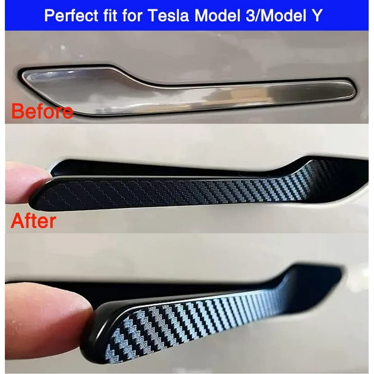 for Tesla Model 3 Door Handle Sticker Decals Wrap Kit Door Handle Sticker  for Tesla Model 3 Model Y (2017-2023) 4PCS, Carbon Fiber Black 