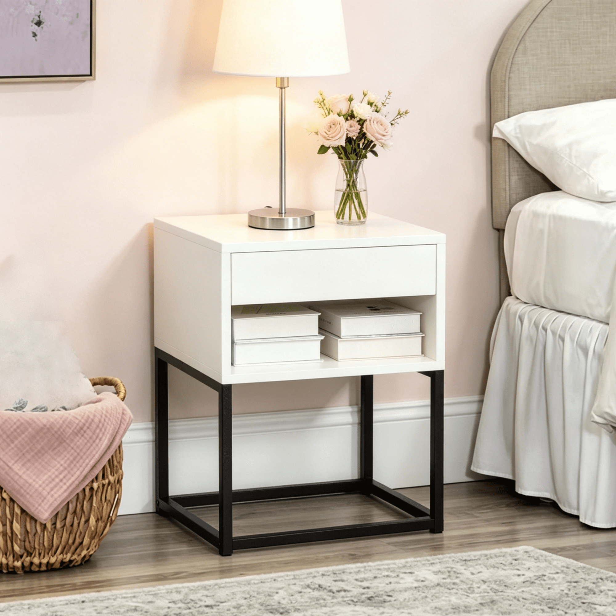 Gewnee 15.91”Nightstand with Drawer and Shelf,MDF & Metal Legs,Small Side Table for Bedroom,Living Room,Home Office,Easy Assembly.White