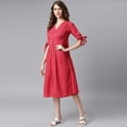 thumbnail image 4 of Janasya Summer V-Neck Half Sleeve Checkered Red Cotton Loose Midi Dress For Women, 4 of 7