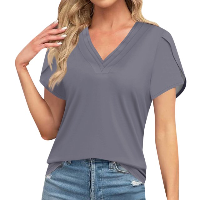 Women's Loose V-Neck Solid Color Short Sleeve Tops ,Dark Gray S