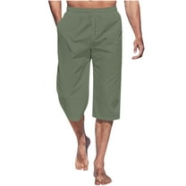 Capri Pants for Men Straight Fit Solid Color Capris with Pockets Casual Summer Cotton Linen Below Knee Pants