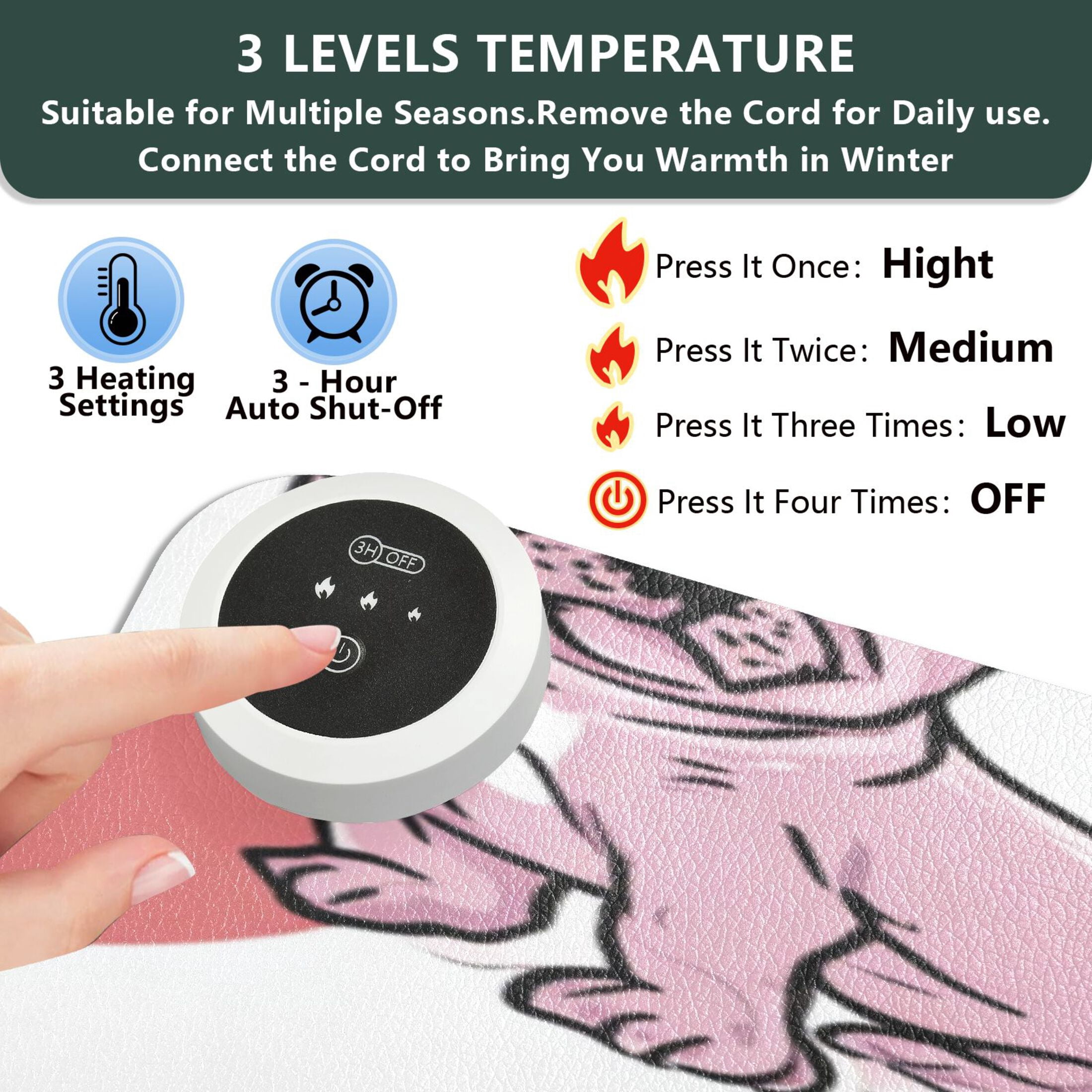 Large Heated Desk Mat Mouse Pad 31.5"x13"PU Leather Graphene Heating Desk Warmer with 3 Temperature Settings 110V US Plug Non-Slip Warm Pad for Home, Office, and Gaming Cute Frenchie Heart Background
