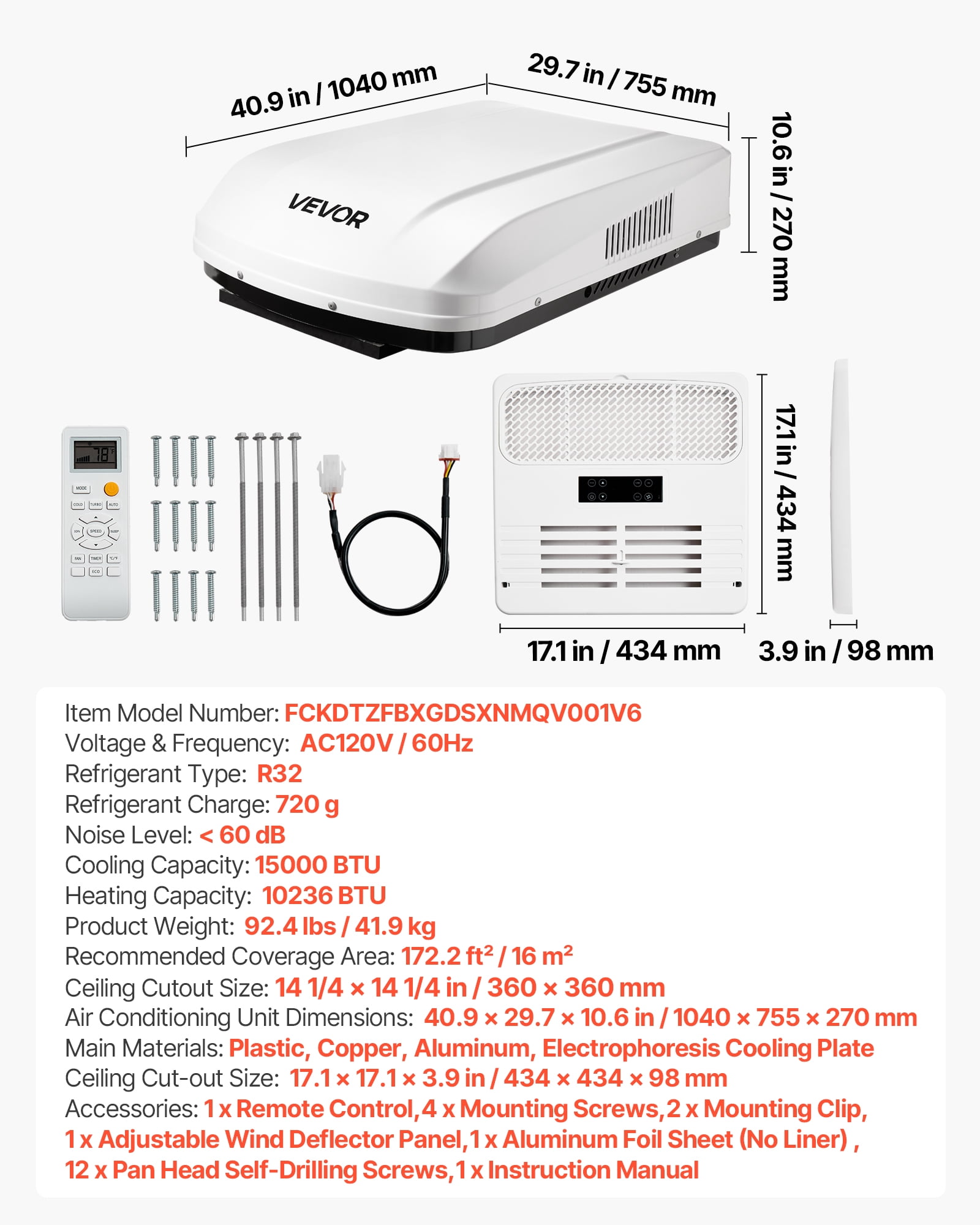 VEVOR RV Air Conditioner, 15000 BTU RV AC Unit, 120V Ducted Rooftop Air Conditioner with Heat Pump & Cooling, Variable Speed Easy Install Quiet AC Unit with ADB Button Control & Remote Control, White