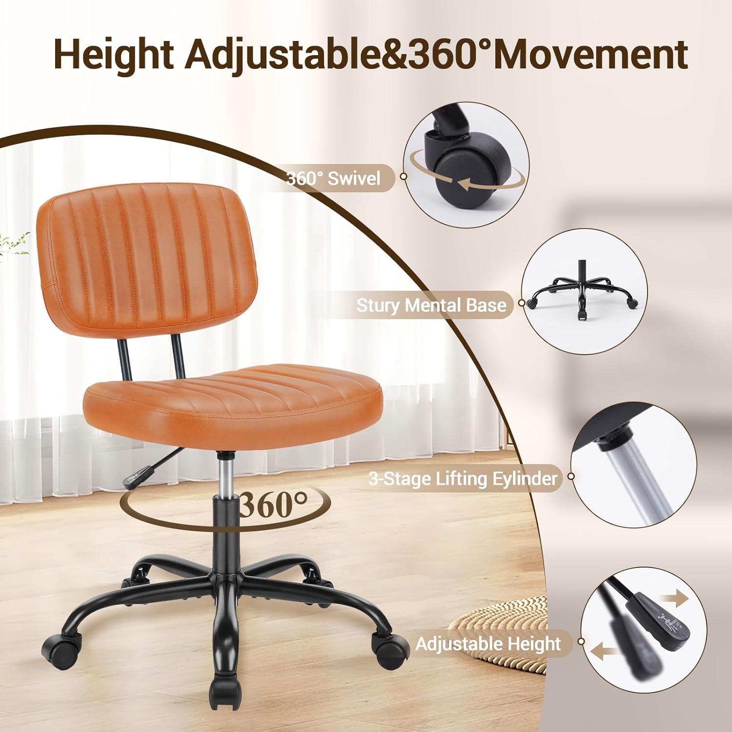 QUIOCOZY Home Office Desk Chair with Low Back and Wheels PU Leather Computer Chair Ergonomic Adjustable Height Comfy Chair Armless with Swivel Rolling Vanity Chairs for Bedroom Adult Brown