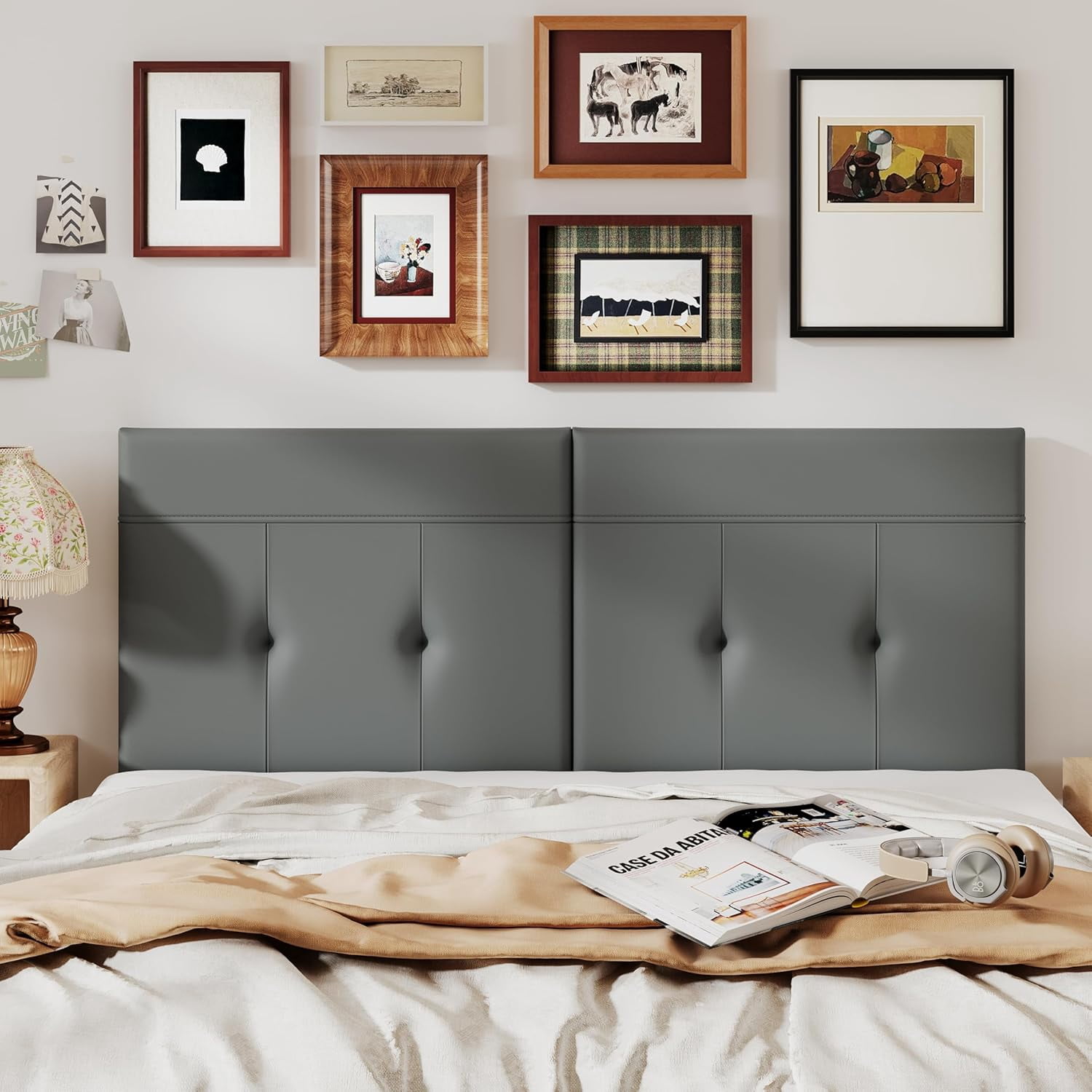 Andeworld Upholstered Tufted Queen Size Headboard,PU Leather Wood Head Board with Metal Legs, Adjustable Height from 42” to 56”, Bed Headboard in Modern Design,Backboard for Bed, Grey