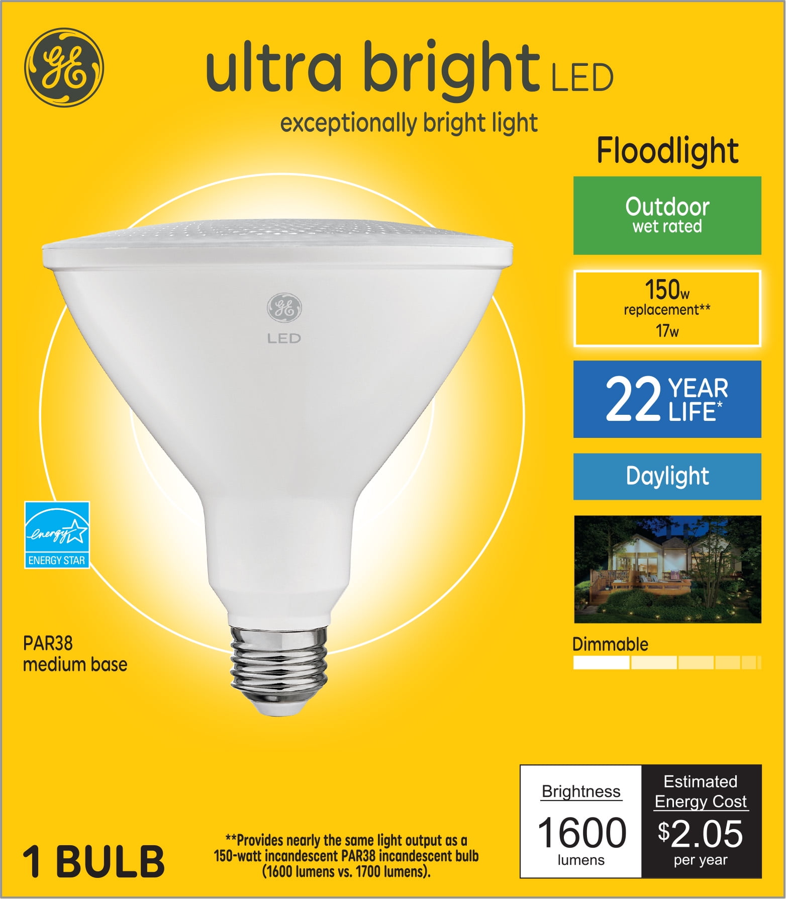 GE Ultra Bright Daylight 150W Replacement Outdoor Floodlight PAR38 Light Bulb, 1 Pack