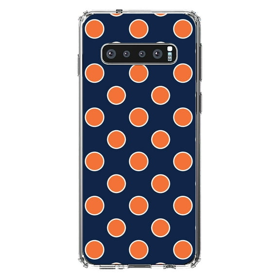 DistinctInk Clear Shockproof Hybrid Case for Samsung Galaxy S10 (6.1" Screen) - TPU Bumper, Acrylic Back, Tempered Glass Screen Protector - Navy Orange White Polka Dots