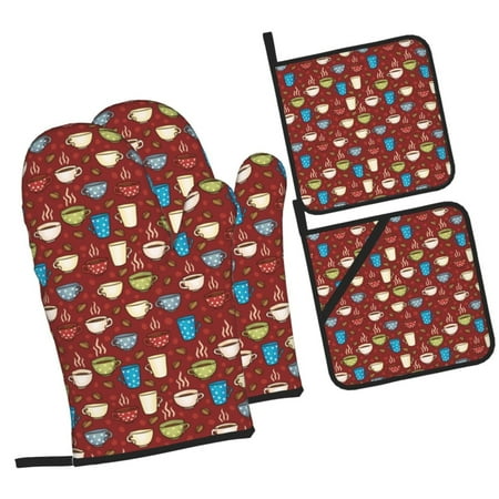 

Haiem Coffee Cups Print Extra Long Oven Mitts and Pot Holders 4pc Sets: Heat Resistant Silicone Oven Mittens with Mini Oven Gloves and Hot Pads Potholders