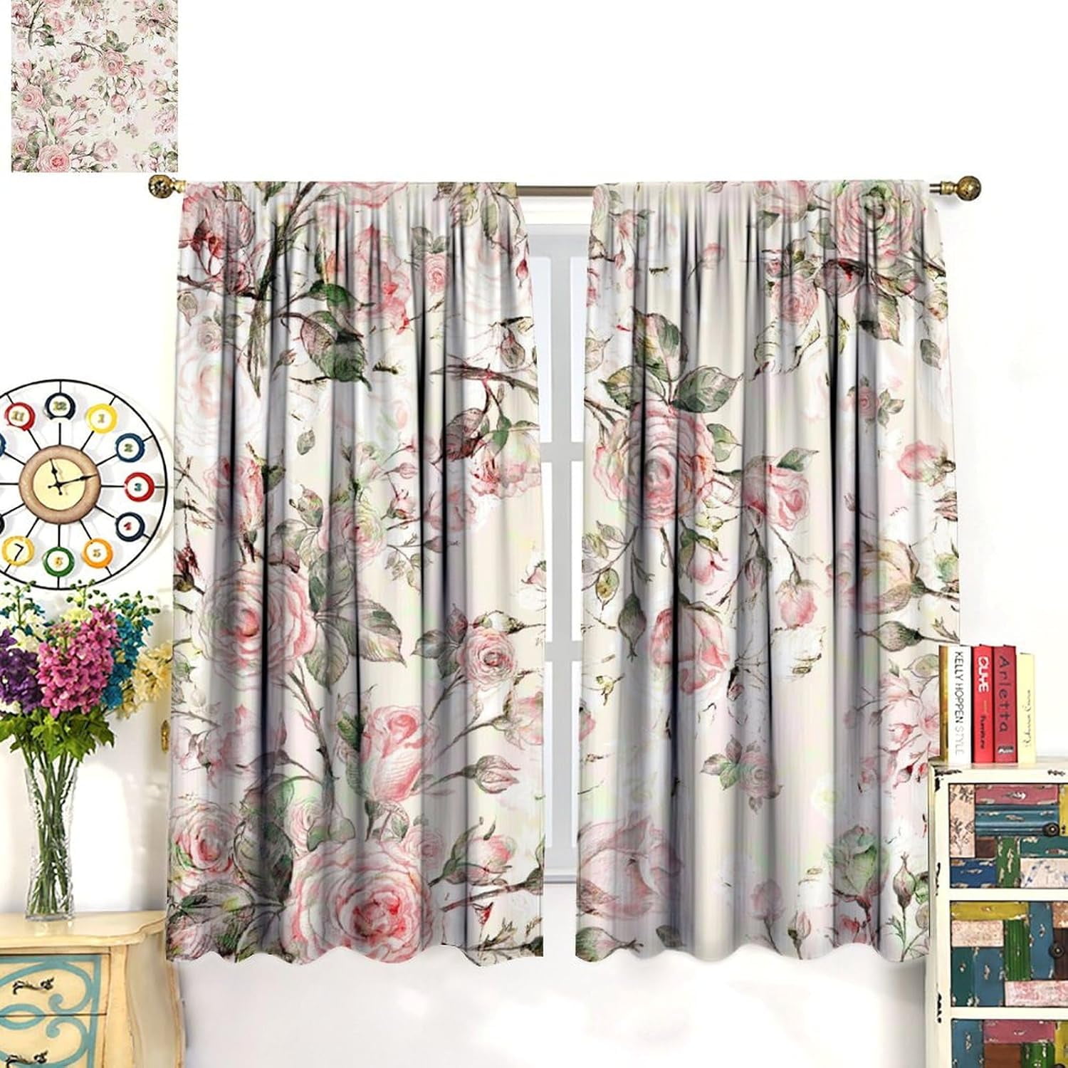 Vintage Rose Blackout Curtains, Delicate Red Rose Beige Background Lovely Botanical Print, Bedroom Living Room Kitchen Rod Pocket Curtains42X84x2 Inch
