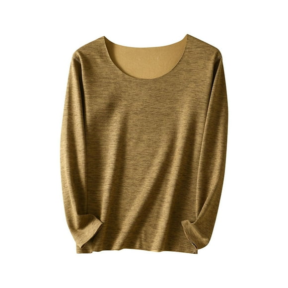 Lenpel Women's Plus Size Tops Long Sleeve Scoop Neck Fleece Thermal T Shirts Soft Casual Basic Tees Base Layer Undershirts(Coffee,3X-Large)
