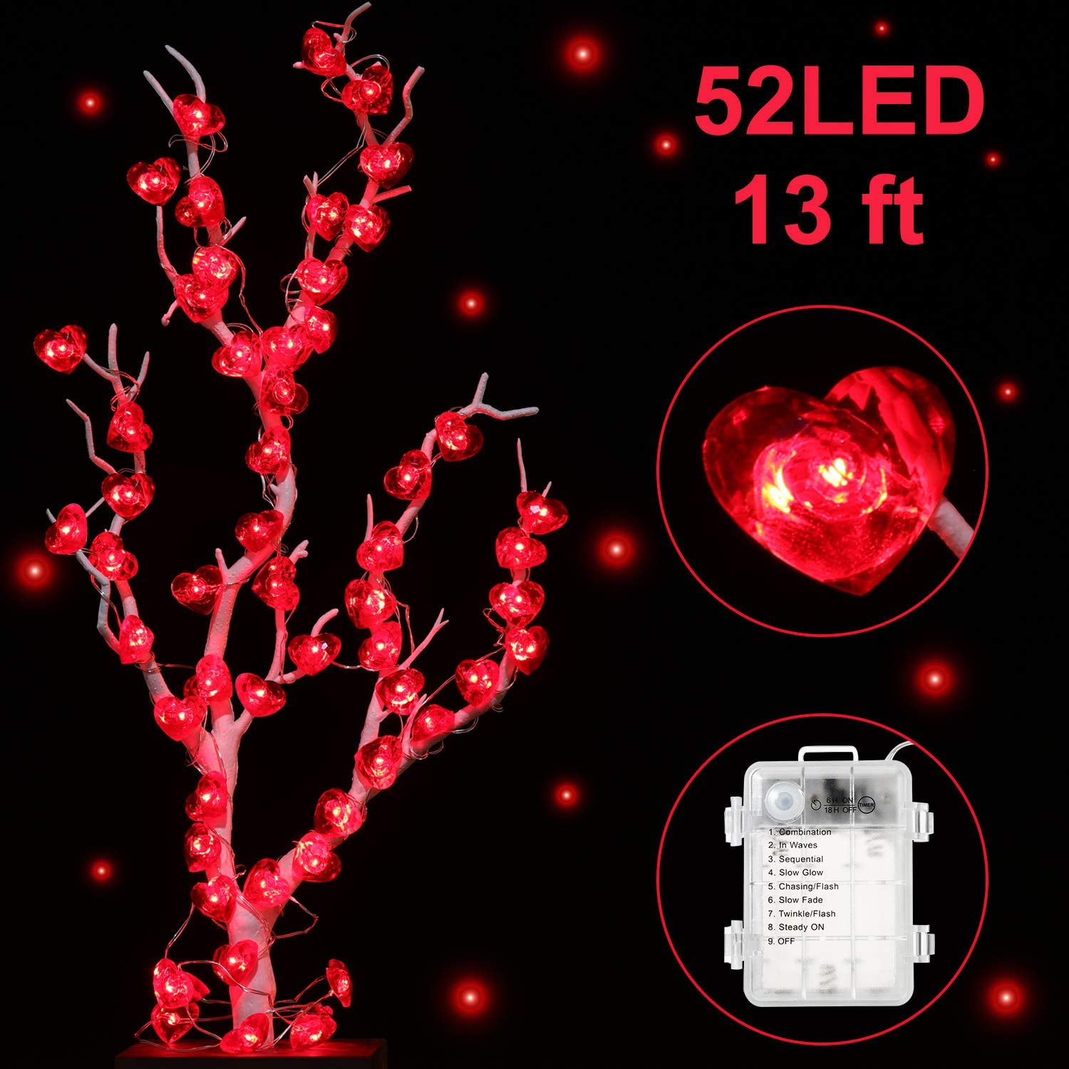 52 Leds 13 Ft Fairy String Lights Red Heart Shaped Twinkle Fairy
