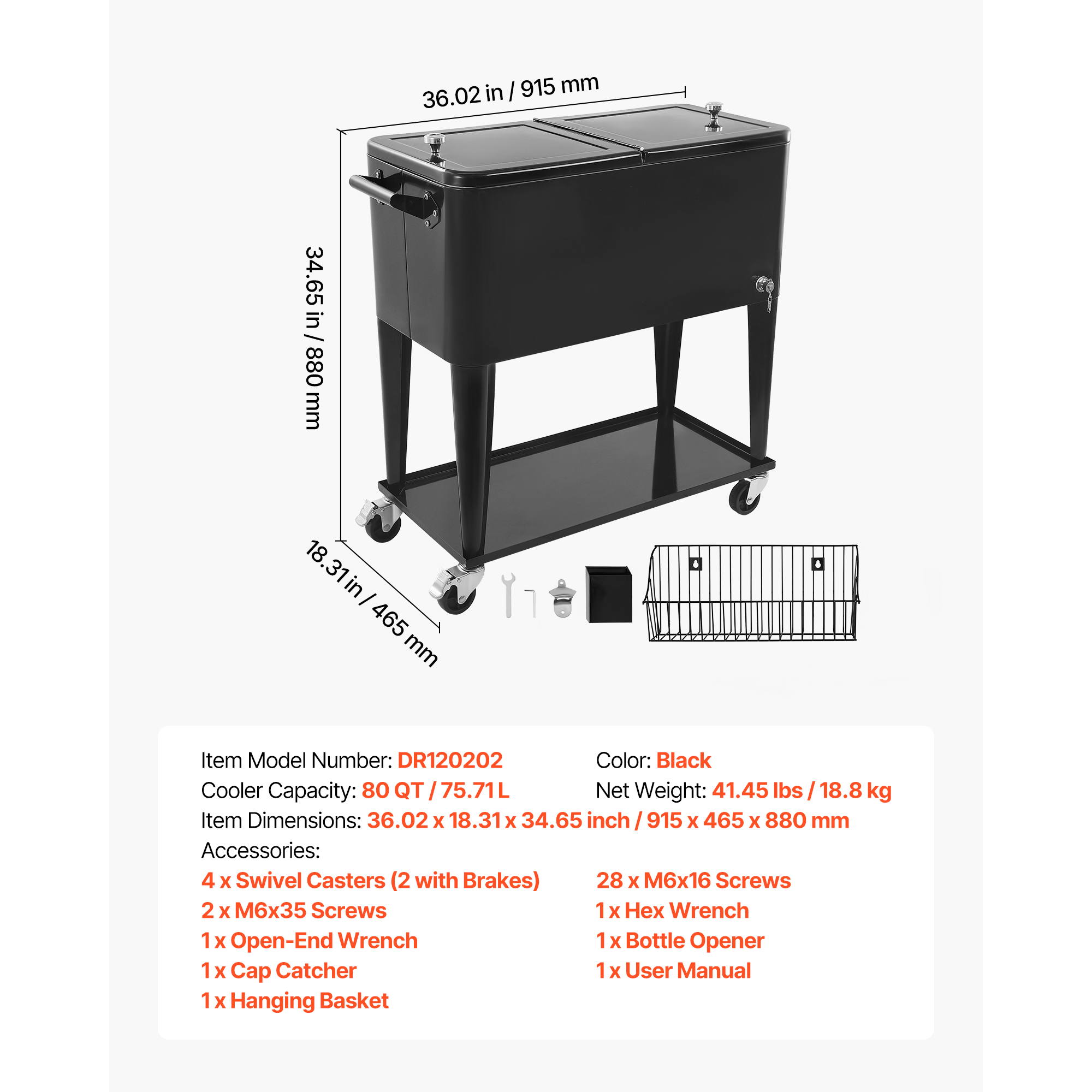 KFFKFF 80 Quart Rolling Ice Chest, Accommodates 50 Bottles or 110 Cans, Mobile Outdoor Party Drink Cooler with Lower Shelf, Beverage Storage with Side Basket and Built-in Bottle Opener, Black