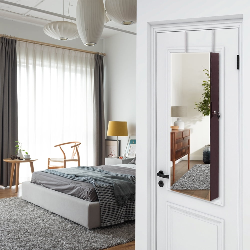 Kepooman Full Mirror Wooden Wall Mounted 4-Layer Shelf 2 Drawers With Inner Mirror 8 Blue Led Light Jewelry Storage Mirror Cabinet - Dark Brown Kepooman Full Mirror Wooden Wall Mounted 4-Layer Shelf 2 Drawers With Inner Mirror 8 Blue Led Light Jewelry Storage Mirror Cabinet - Dark Brown