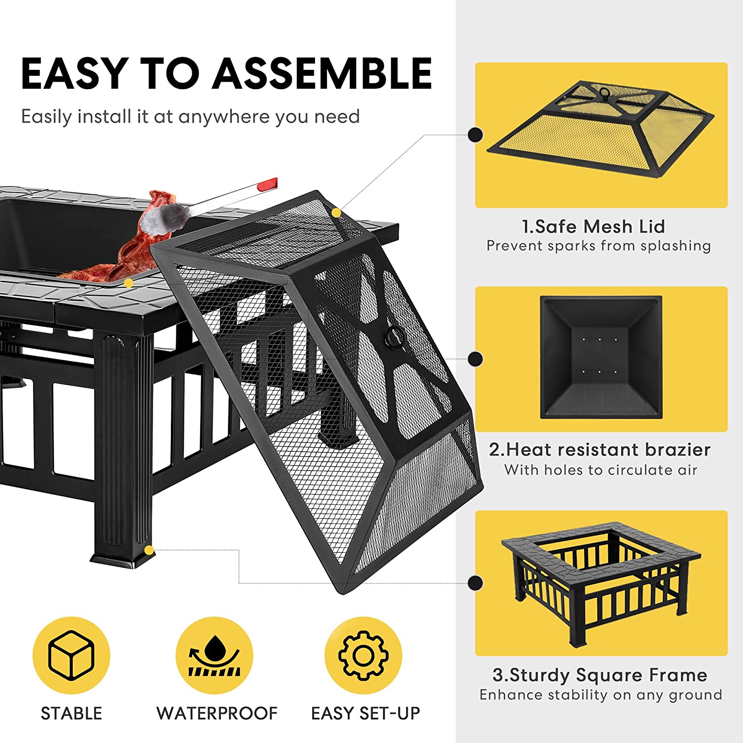 VIVOHOME 32 Inch Heavy Duty 3 in 1 Metal Square Patio Firepit Table BBQ Garden Stove with Spark Screen Cover Log Grate and Poker for Outside Wood Burning and Drink Cooling