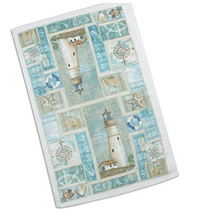 Kayo Designs - Designs R2350 Coastal Lighthouse Terry Towel, Terry towel printed with a collage design with lighthouses, starfish, & shells By Kay Dee