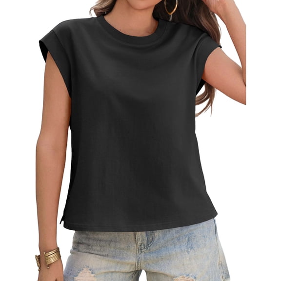 Summer Solid Color Women Cap Sleeve Crew Neck Casual Shirt Tops