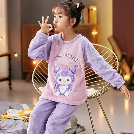 

2Pcs Set Anime Hello Kitty Sanrio Cinnamoroll Kuromi Plush Pajamas Cartoon Cute Pants Long Sleev Student Girl Kid Home Nightgown