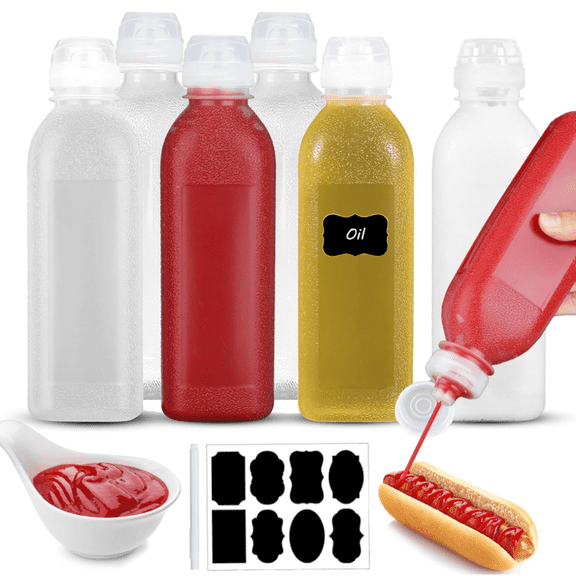 500ml Condiment Squeeze Bottles, 6 Pack Plastic Squeeze Squirt Bottle with Flip Top Cap, Multipurpose Squirt Bottles for Oil,Hot Sauce,Ketchup,BBQ