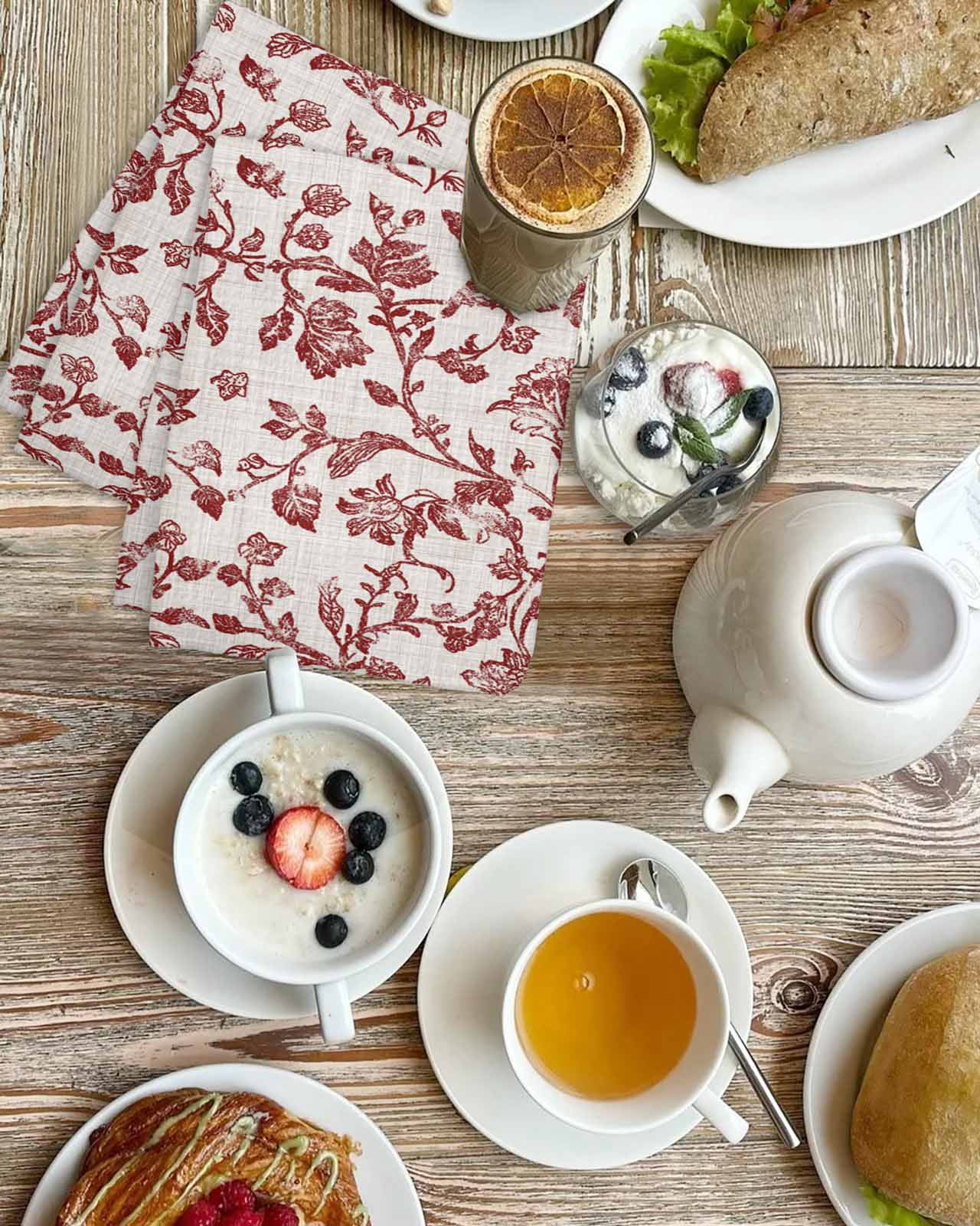 Farmhouse Red Hand Towels Set, Waffle Weave Kitchen Towels 2 Pieces, Vintage Flower Leaf Botanical Plant Microfiber Hair Face Bath Tea Towel Absorbent Quick Drying Cleaning Dish Cloths 15.7"x23.6"