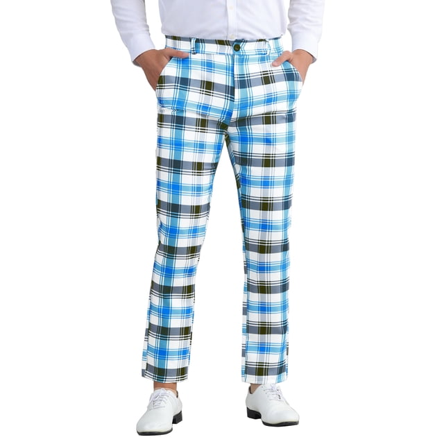 INSPIRE CHIC Pantalones de vestir de cuadros clásicos para hombres, con frente plano, ideales para oficina y eventos, talla 32, color azul claro