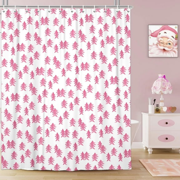 Winter Shower Curtain Pink Christmas Tree Winter Snow Forest Bathroom Decor Pine Tree Bath Curtain Winter Nature Scene Xmas Holiday Hooks Included 72X72IN Pink