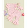 thumbnail image 5 of Aojekbee Baby Girl Summer Outfits Flower Print Short Sleeve Rompers Flare Pants Headband 3Pcs Clothes Set, 5 of 10