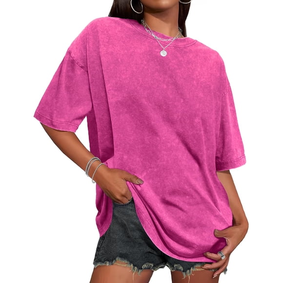 Camiseta Adorejoy Oversize Vintage Lavada para Mujer - Rosa Claro
