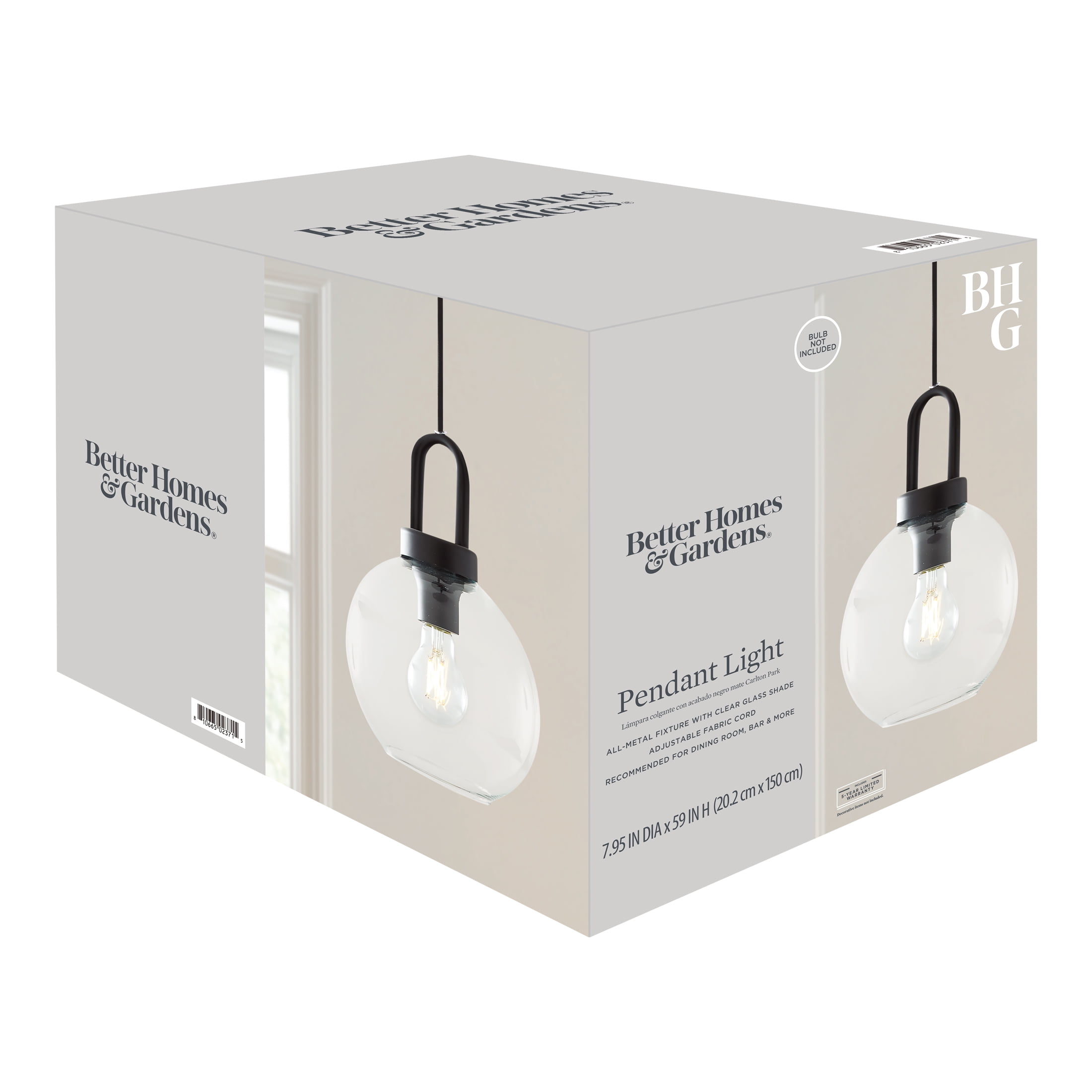 Better Homes & Gardens 59” Black Pendant Ceiling Light, Metal Base Glass Shade, LED Bulb Included