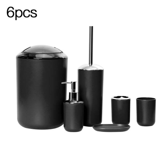 Juego de accesorios de baño de 6 piezas, soporte de plástico para cepillo de dientes, taza para dientes, cepillo para inodoro, bote de basura, jabonera, botella exprimible, negro Methold HA7534-04B