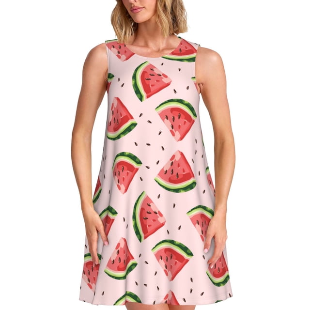 Easygdp Hand Drawn Watermelon para Vestido Transpirable de Mujer, Vestido Suelto de Manga Corta con Pliegues y Bolsillos para el Verano