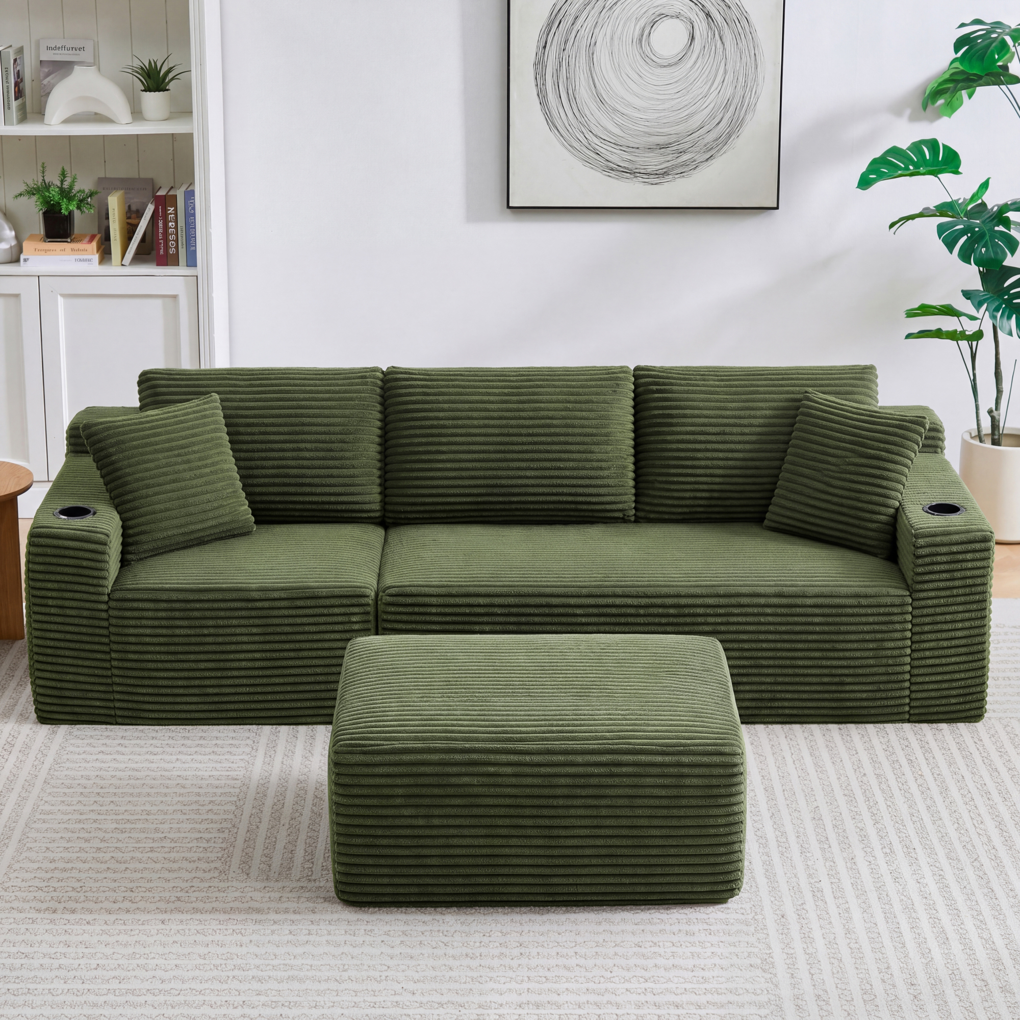 HOQBN L-Shaped Sectional Sofa with Ottoman, Corduroy 3-Seat Couch, Modern Modular Sofa for Living Room Green