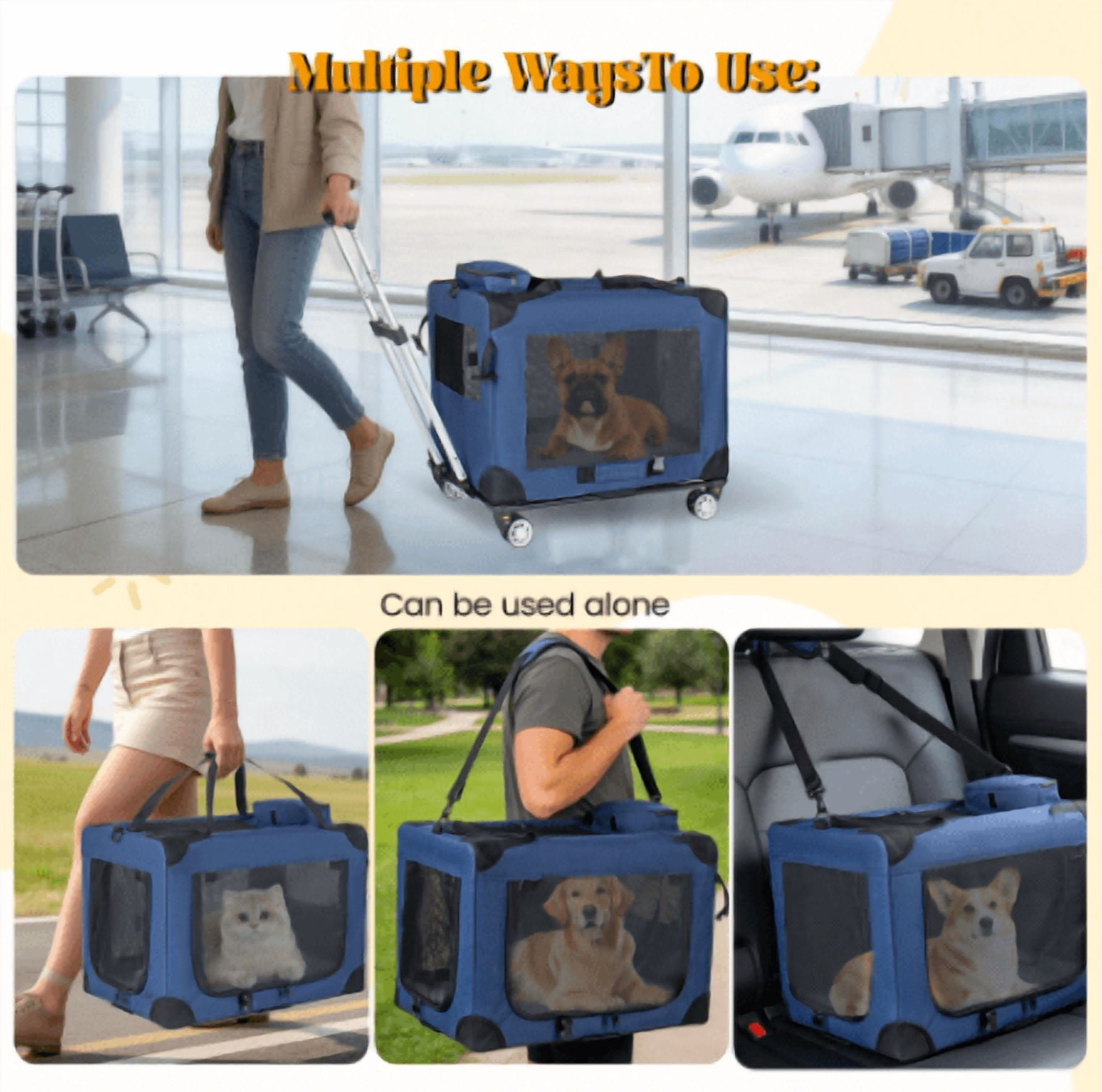 28" Collapsible Rolling Dog Crate 3-Door Mesh Windows Portable Dark Blue
