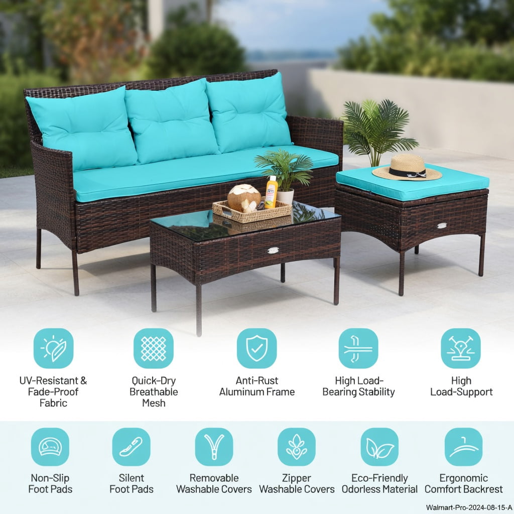 Hommoo 3-Piece Outdoor Patio Sectional Set, Woven Rattan Sofa, Ottoman & Glass Coffee Table with 5 Removable Cushions, Turquoise