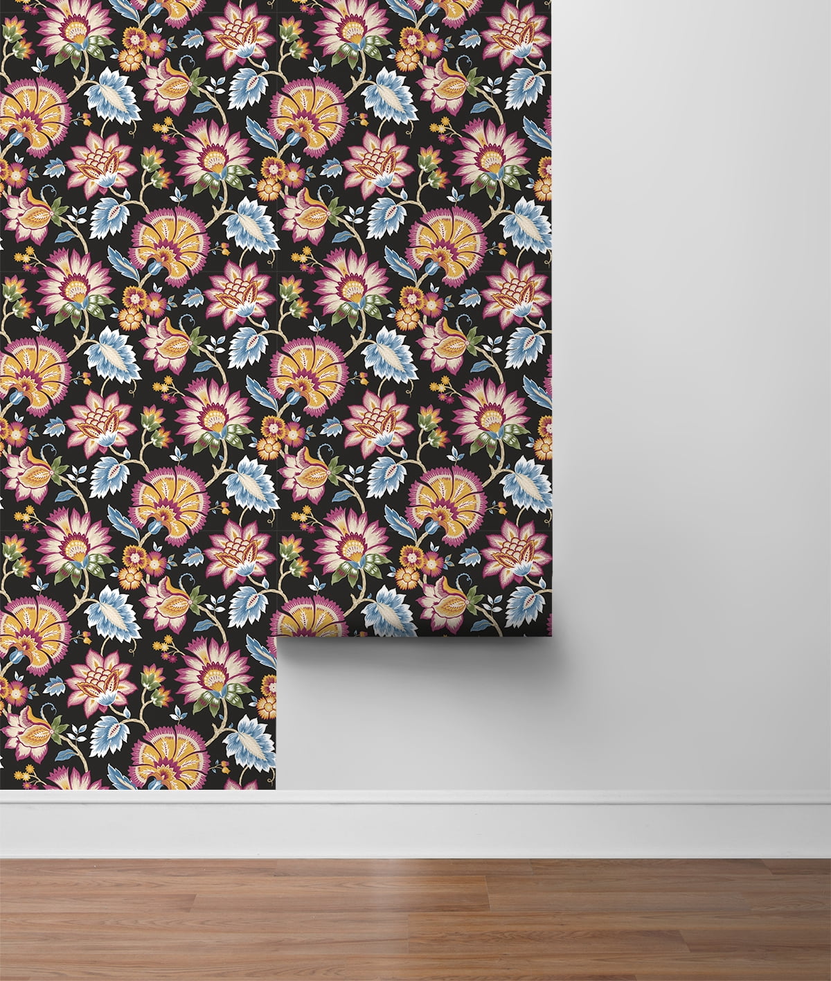 NextWall Cosmic Black Jacobean Blossom Floral Peel and Stick Wallpaper