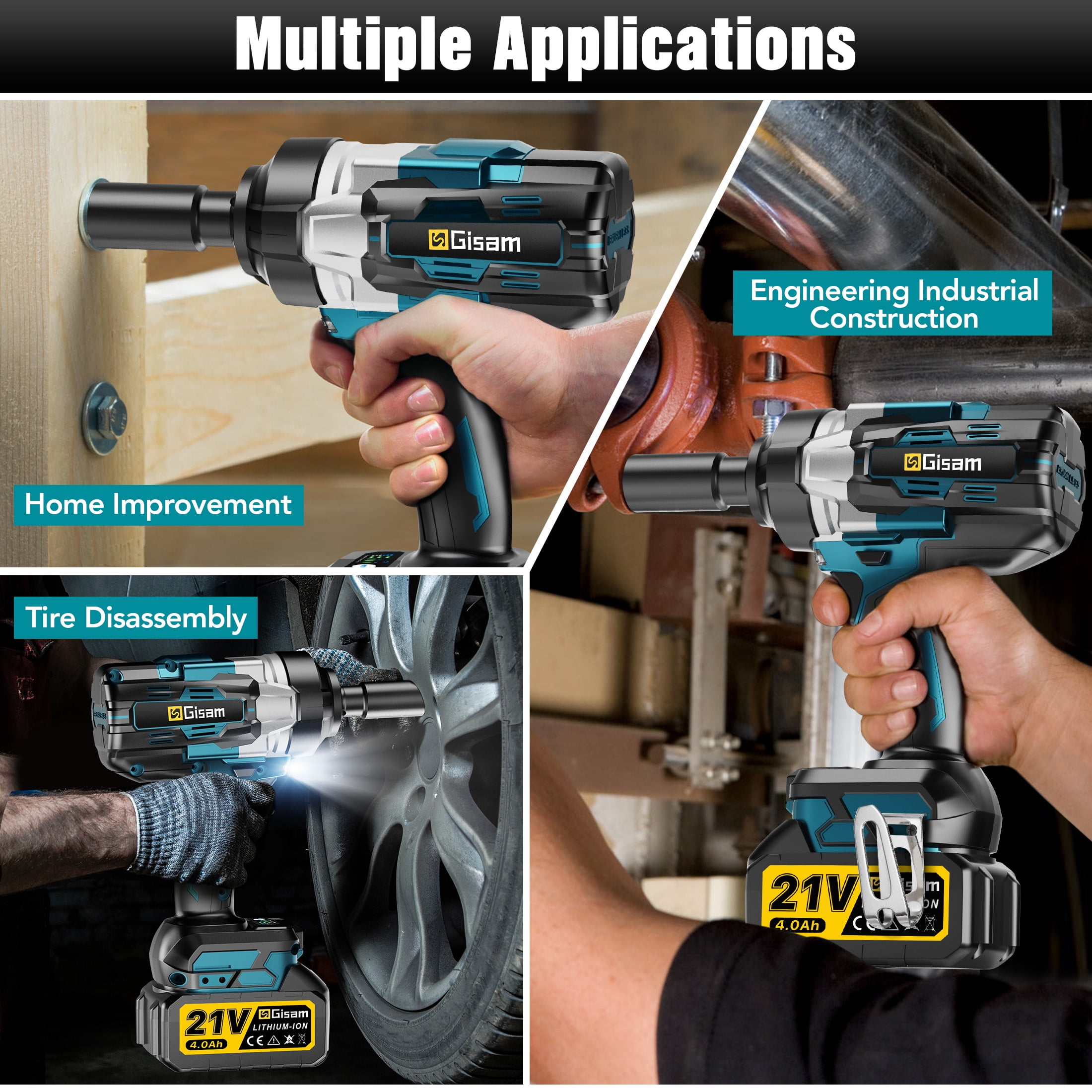 Gisam 1500N.m(1106 ft-lbs) Cordless Brushless Impact Wrench,1/2 inch Impact Gun with 2x4.0Ah Batteries & 6 Sockets Accessories ,Pistola De Impacto for Home Car Truck Tire