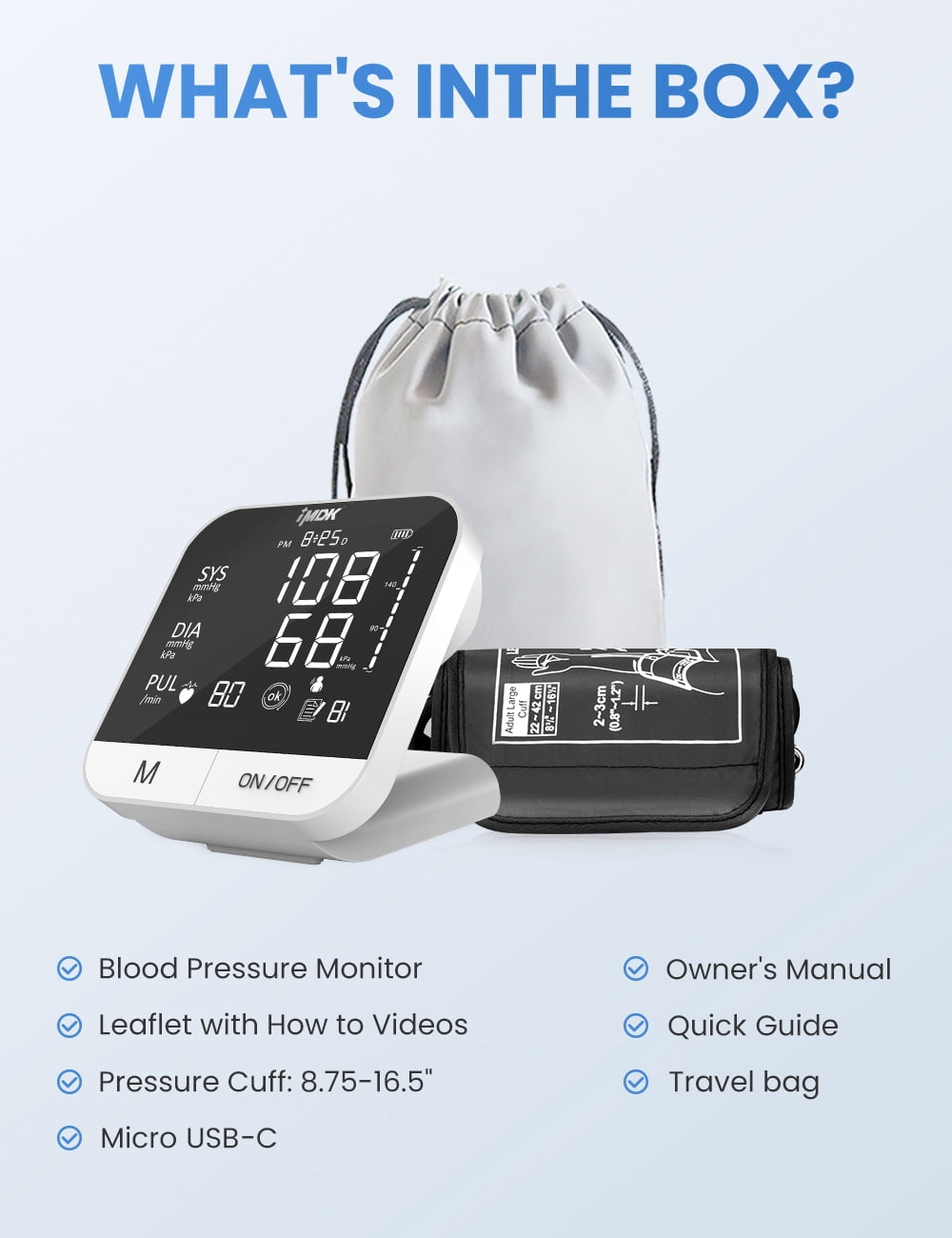 IMDK Blood Pressure Monitors - Arm Blood Pressure Monitors for Home Use, Accuracy of ±3 mmHg, Cuff '8.7-16.5' inch Adjustable, Hypertension Management APP for iOS & Android
