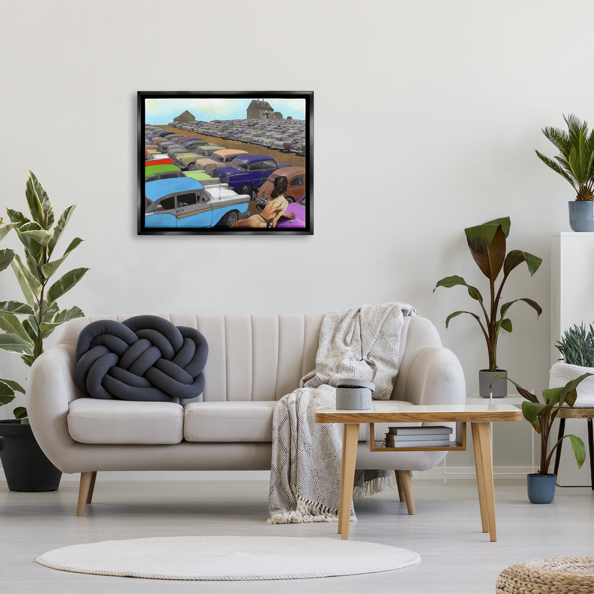 Stupell Industries Vintage Parking Lot Transportation Painting Black Floater Framed Canvas Art Print Wall Art, 31 x 25